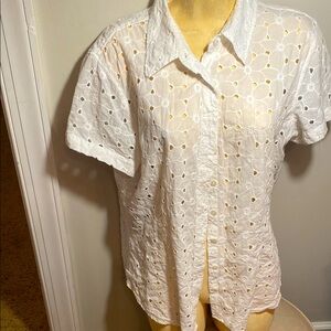 Additions by Chicos Cottage Core White Eyelet Button-Up Shirt